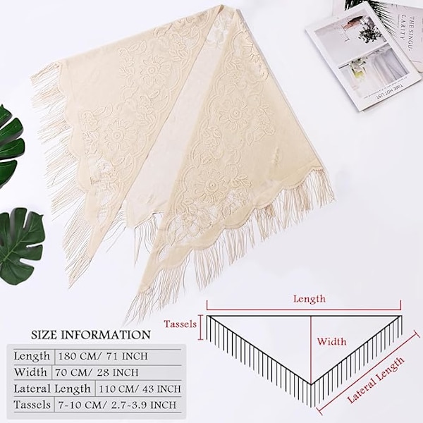 Kolmiopitsihuivi juhlava iltapukuihin, hapsuilla iltajuhliin, verkkohuivi häihin beige