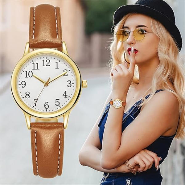 Klocka utan batteri för män, present, kvarts, läder, damklocka med armband, minimalistisk modeklocka, urtavla, elegant, brun