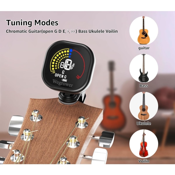 Gitar tuner, oppladbar, klips på tuner med LCD-fargeskjerm med gitar, ukulele, fiolin og kromatiske stemmemoduser for alle strengeinstrumenter