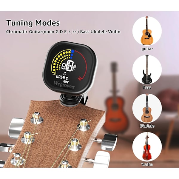 Gitarrstämmare Uppladdningsbar, Clip On Tuner med LCD Färgskärm med Gitarr, Ukulele, Fiol och Kromatisk Stämningslägen för Alla Stränginstrument