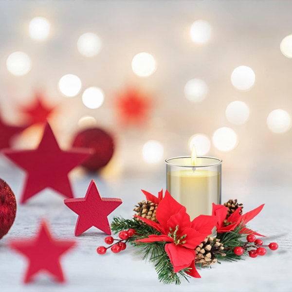 4 kpl joulukynttiläsormuksia, 3,9 tuuman keinotekoinen joulutähti käpyillä Jouluseppele kynttilänjalka Jouluseppele