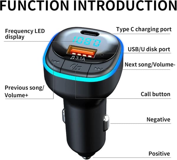 Bluetooth 5.0 FM-lähetin, Handsfree Bluetooth -sovitin tukee 5V/3.1A USB + Type C, Bluetooth-automusiikkisoitin sinisellä tunnelmavalaistuksella