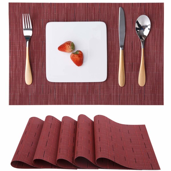 Tvättade underlägg set om 6 vävda underlägg tvättbara halkfria slitstarka värmebeständiga tvättbara för matbord hotellunderlägg 30 x 45 cm (röd) Wine red