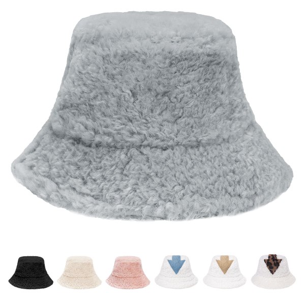 Vinterbøttehatt - Dame Fluffy Fiskerhatt Varm Pil Lamb Ull Bøttehatt Fuzzy Pels Faux Pels Myk Tykk Bred Bremskjerm Plysjhatt for Kvinner Jenter Gray