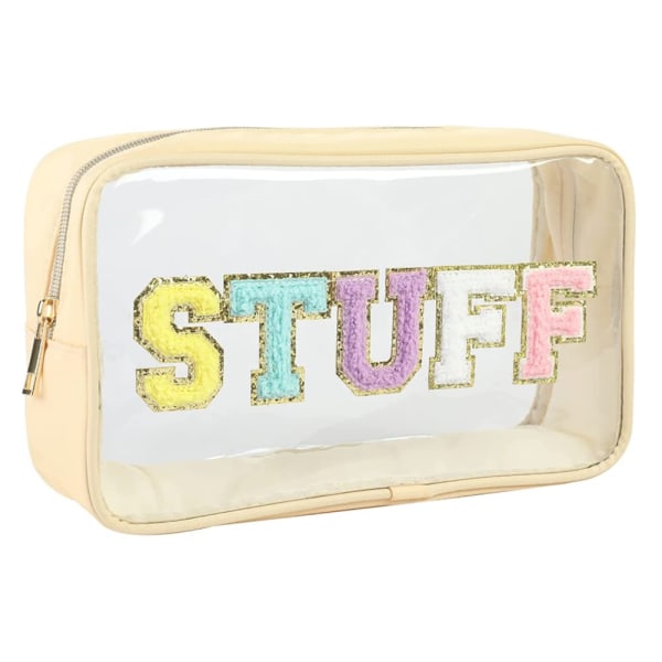 Patch Clear Makeup Stuff Bag, Dam Chenille Letter Kosmetisk Väska för Resor, Nylon Vattentät Organisation Utomhus Dragkedja Påse Toalettväska Light yellow