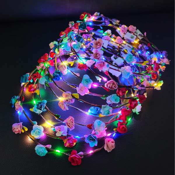 LED blomsterkrans pannebånd 12 STK - krans lysende fargerike hodeplagg blomster tiara hår tilbehør, festival bursdag julefest bryllup