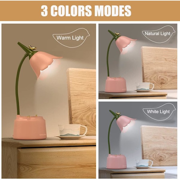 Barne-LED-skrivebordslampe, blomsterbordlampe, leselampe med justerbart lys og berøringssensor (gul) Orange