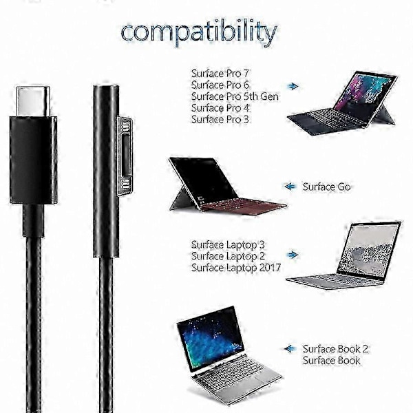 USB C til Surface Connect ladekabel for Surface Pro 3/4/5/6/7 og Surface Laptop 3-kompatibel adapterledning