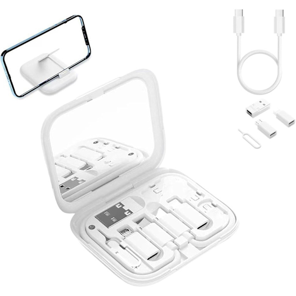 9 i 1-kabelväska, USB-adapter, multiladdningskabelväska, USB-adapter, multiladdningsväska med flera kontakter och SIM-korthållare, vit