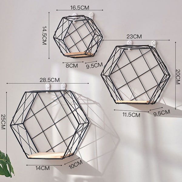 Sæt med 3 hexagon væghylder lavet af metal og træhylder, svævende hylder, vægdekoration til stue, soveværelse, cafe og hotelgang black