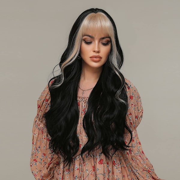 Lång vågig Ombre Svart Peruk för Kvinnor Blond till Svart Peruk Med Lugg Naturlig Syntetisk Peruk Med Lugg Blond Lugg Peruker för Daglig Fest Cosplay Användning