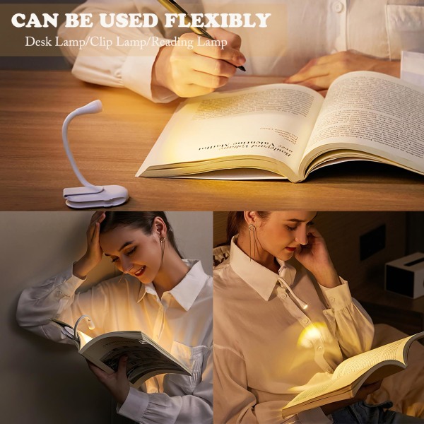 Læselys, boglys, klip på bog læselys med 3 øjenbeskyttelsestilstande Læselys boglampe, trinløs dæmpning, genopladeligt boglys White