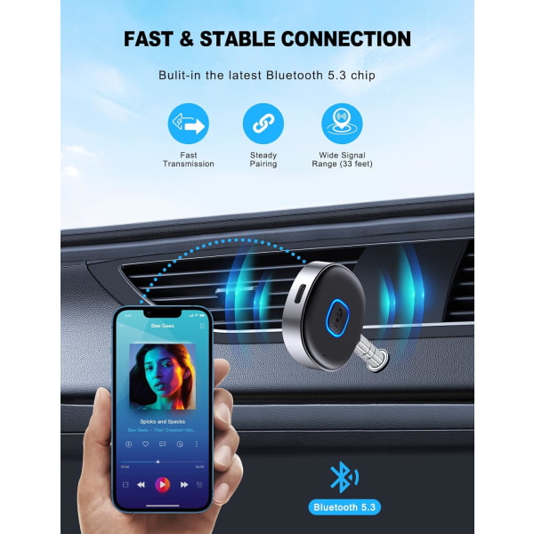 Auton Bluetooth 3,5 mm AUX-sovitin, Mini Bluetooth 5.3 -vastaanotin kotistereolle/kaiuttimelle, handsfree-puhelut, kaksoisliitäntä, 16 tunnin soittoaika