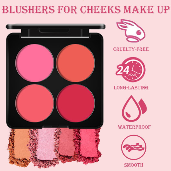 Blushers til kinder makeup, 4 farver mat blush palette, øjenskygge ansigts blush 2 i 1 makeup pulver, langtidsholdbar