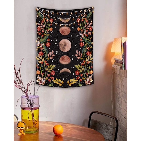 Hageveggteppe, Månens faser omgitt av vinstokker og blomster Svart veggdekorasjon Teppet 150cm×130cm