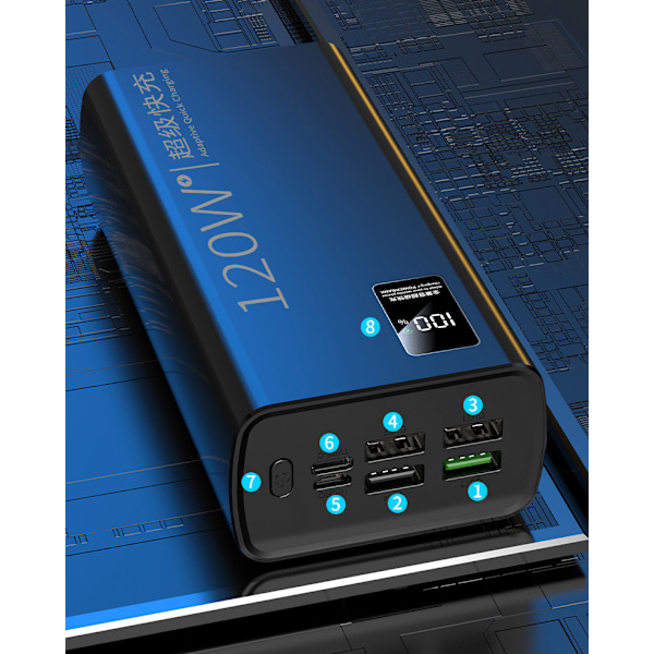 80000mAh Powerbank, 120W + PD20W, Snabbladdning Typ C x 1, USB x 4
