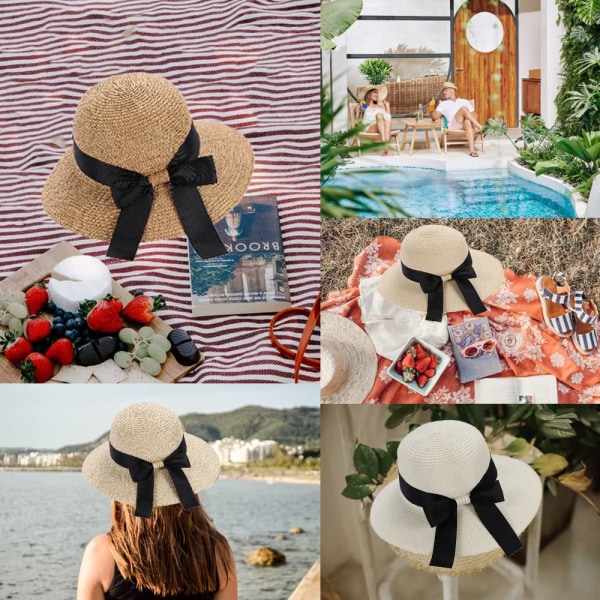 Kvinners sommer stråhatt solhatt UV-beskyttelse strandcaps foldbar visir floppy hatt bred brem med stropp sløyfe yellow