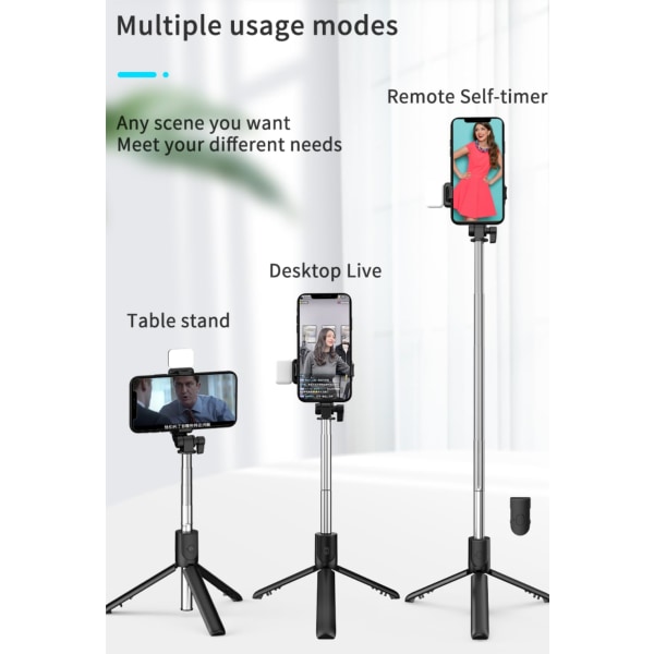 Selfie Stick-stativ med ljus, förlängbart 360° rotationsstativstativ med avtagbar trådlös fjärrkontroll Bärbar 3 i 1-telefonhållare (svart)