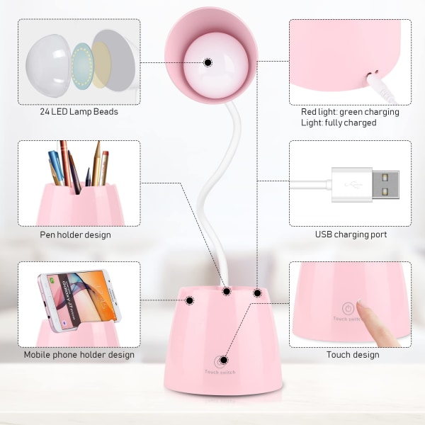 Børns skrivebordslampe, LED-dæmpbar 24 LED øjenvenlig bordlampe 3 lysstyrkeniveauer USB genopladelig touch-switch skrivebordslampe børn til læsning pink