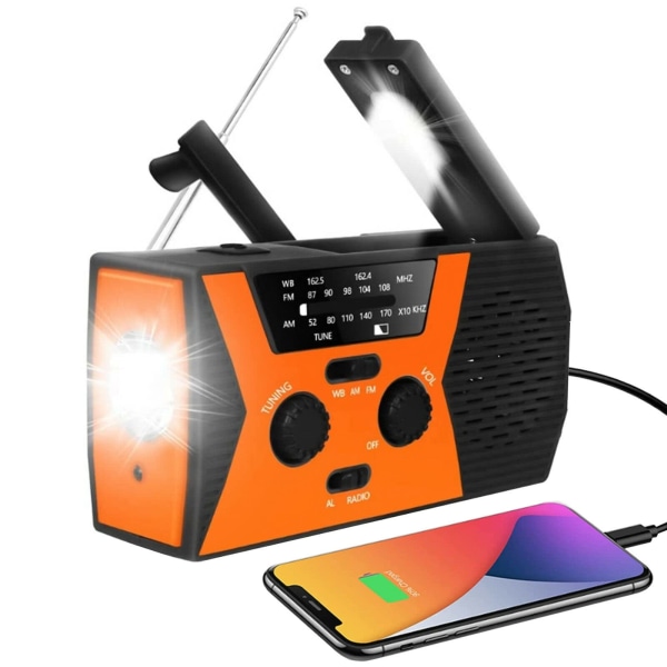 2000mAh NOAA Nødvejr Radio Bærbar Powerbank med Solar Opladning, Håndsving & Batteridrevet, SOS Alarm, AM/FM & LED Lommelygte