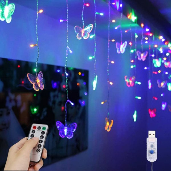 Fjärilsgardinljus 13 fot 96 LED Fairy Lights 8 lägen med fjärrkontroll, ljusslingor för trädgårdsbröllop juldekoration (flerfärgad) color