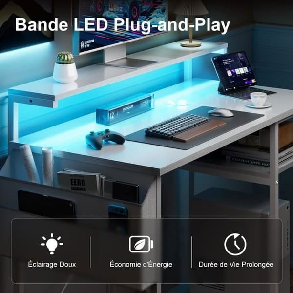 Computerbord - ECOFURNIX - 100 x 48 cm - To-lags model - LED-belysning - Højdejusterbar - Hvid Vit