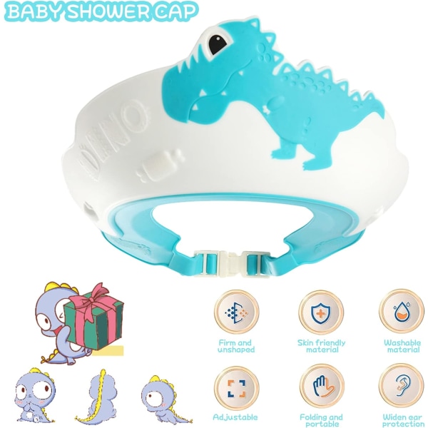 Babydusjhetteskjold, babyhårvaskeskjold, justerbar sjampohette for barn og visir, småbarnsøyne og -ører Vanntett lue Dinosaur (blå) Blue