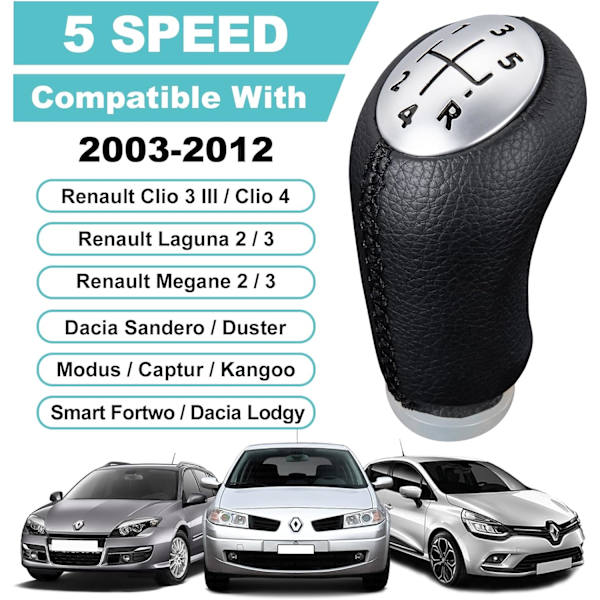 5-trins manuelt gearskifte gearstang til Renault Clio III 2005-09, Megane 2 Laguna 2 2003-09, Clio 4 2012-19 sort læder, med adapter