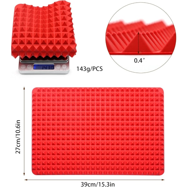 2 stk silikonmatte, silikonpyramidebakeark, pyramidebakematte, enkel rengjøring Gjenbrukbar for ovnsgrilling BBQ innendørs 10,6 x 15,4 tommer (rød) Red