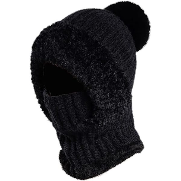 Strikket Hat med Pompom, 55cm-60cm 3 i 1 Vinter Beanie Halsklæde Cirkel og Strik Maske Siamese Vindtæt Kvinder, Sort
