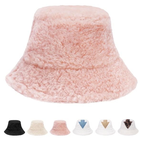 Vinterbøttehatt - Dame Fluffy Fiskerhatt Varm Pil Lamb Ull Bøttehatt Fuzzy Pels Faux Pels Myk Fortykke Bred Bremskjerm Plysjlue for Kvinner Jenter Pink