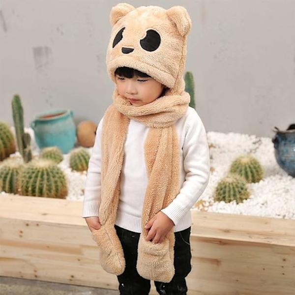Barnmössa Handskar Halsduk 3 i 1 Set Vinter Plysch Khaki brown