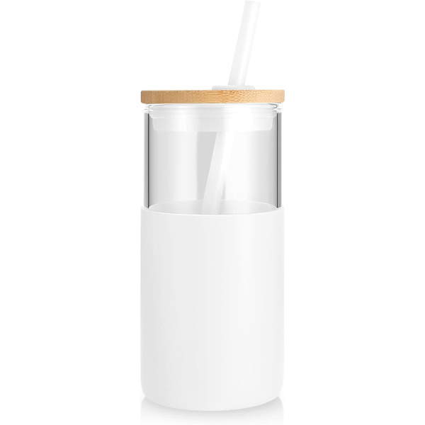 16 oz Glass Tumbler med sugerør og bambuslokk, gjenbrukbar iskaffekopp, smoothiekopper, tumbler med beskyttende silikonhylse - hvit