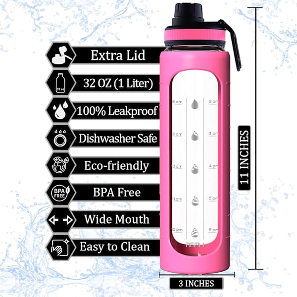 32 unssia lasinen vesipullo aikamerkinnällä, 1 litran lasinen juomapullo, BPA-vapaa, (vaaleanpunainen holkki) Pink