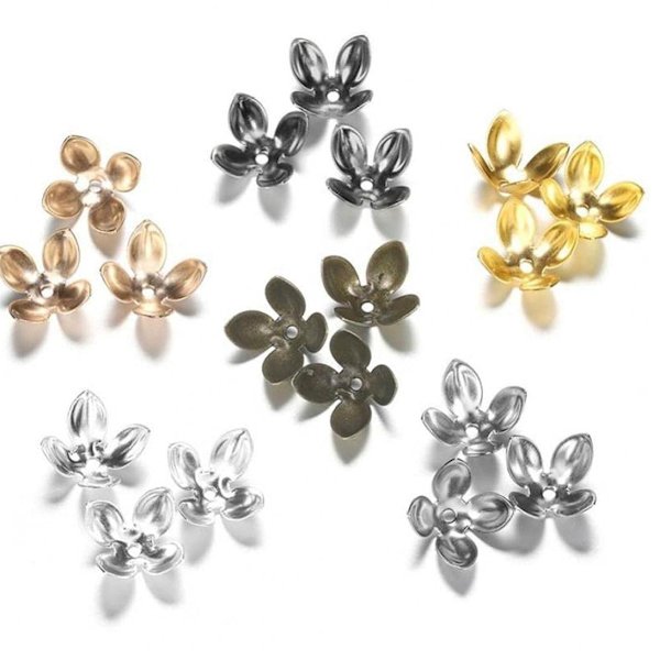 300 stk 15 * 8 mm gullbelagt metallblomstperlehetter Funn Fire blader Bulk End Bead Cap for smykkefremstillingsrekvisita DIY