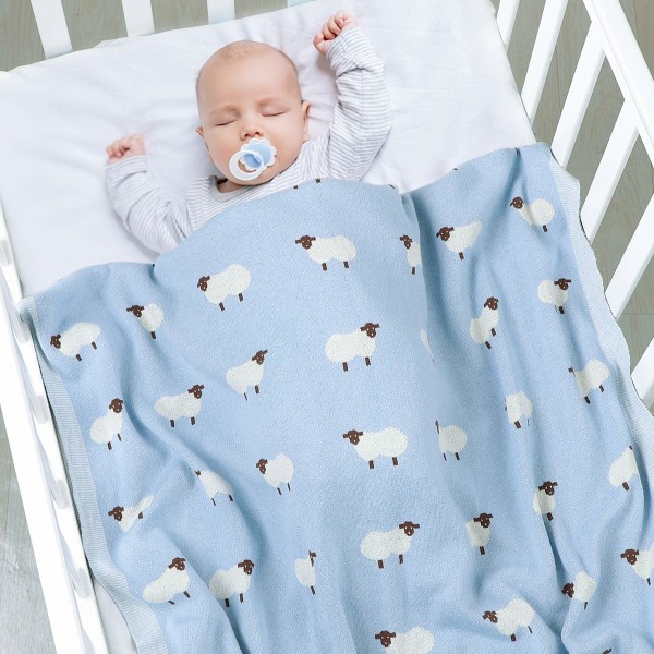 100 % bomulls babyteppe strikket dobbelt lag 80 x 100 cm for nyfødt baby lyseblå blue