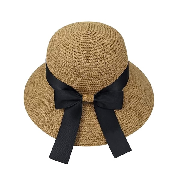 Dame Sommer Halm Hat Sol Hat UV Beskyttelse Strand Cap Foldbar Visir Floppy Hat Bred Skygge med Rem Bue khaki