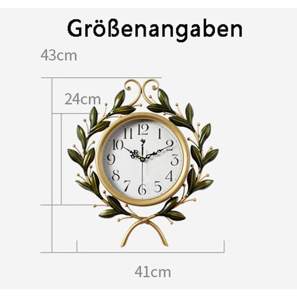 Blad Metall Väggklocka Pastoral Kreativ Tyst Icke-Tickande Väggklockor Dekorativa Gårdshus Klocka för Vardagsrum, Badrum, Sovrum, Kontor S