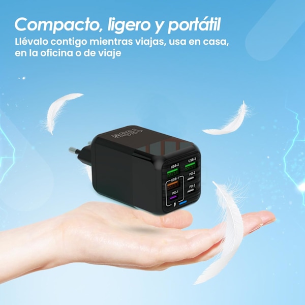 150W USB-lader med 6 porter: 2 USB-C + 4 USB-A | Hurtiglading - QC 3.0 | Kompatibel med Samsung/iPhone/Xiaomi/etc. | CE-sertifisert (Svart)