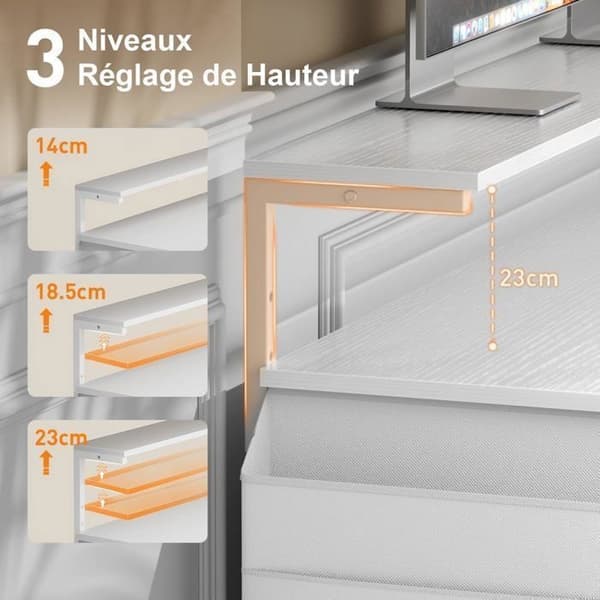 Computerbord - ECOFURNIX - 100 x 48 cm - To-lags model - LED-belysning - Højdejusterbar - Hvid Vit