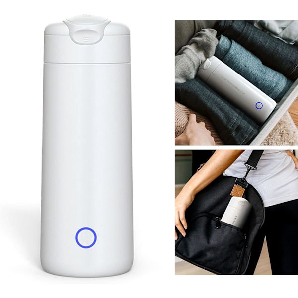 Bärbar elektrisk resevattenkokare, liten värmekopp tekanna, vattenkokare, lämplig för mjölk, kaffe, vatten och te (vit)