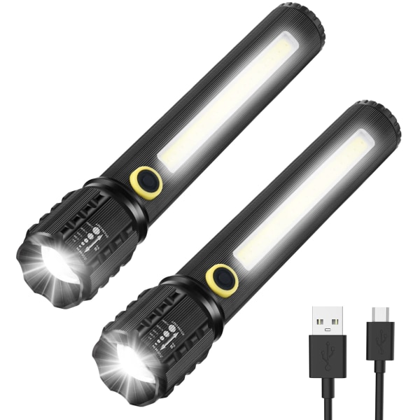 LED-ficklampa uppladdningsbar, GeeRic 2PCS Professionell ficklampa USB Super Bright Zoomable Mini ficklampa IP67 Vattentät 3 lägen Bärbar ficklampa