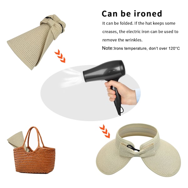 Hat Sol Visor Hat med bred skygge til kvinder Damer Foldbar kasket Ponytail Strandhat med en opbevaringspose til sommer Beige