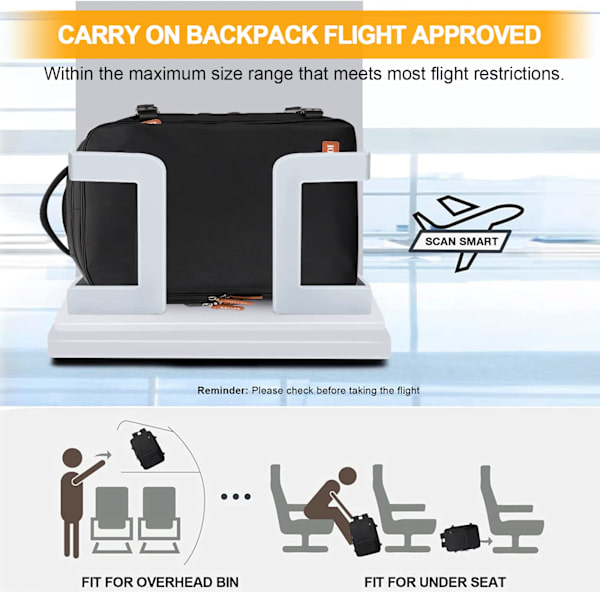 Rejsetaske til bærbar computer, flygodkendt håndbagage, vandtæt stor rygsæk til vandreture (29x24x11,5cm) Black
