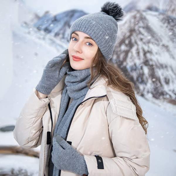 Hattu, huivi ja hanskat - Naisten talvihatut 3-osainen kaula lämmitin ja hanskat hattu hanskat huivi Gray