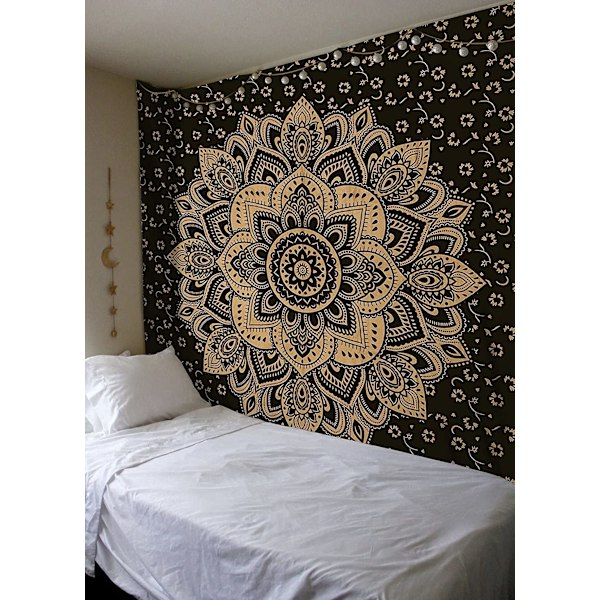 Gobelíni Mandala, Boho seinäkoriste, Musta kulta esteettinen huonekoriste, Seinäkangas Psykedeelinen seinävaate 100x150 cm C 100*150cm