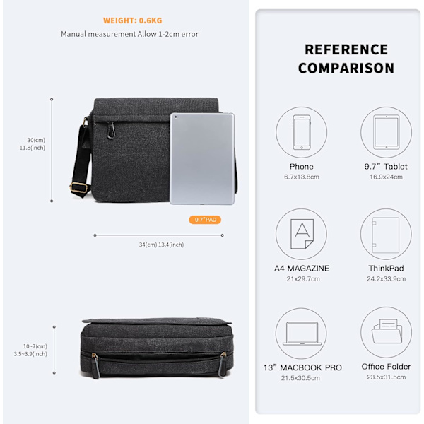 Messenger Bags, Herr Canvas Axelväska Retro Laptop Portfölj med Flera Fack för Skola Resa Affärer, Passar för 13 Tums Laptop（Svart） Black