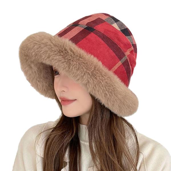 Dame Plys Plysset Cloche Hat Vinter Pels Pels Spand Fluffy Kvinder Varm Fleece Floppy Skygge Cap Red