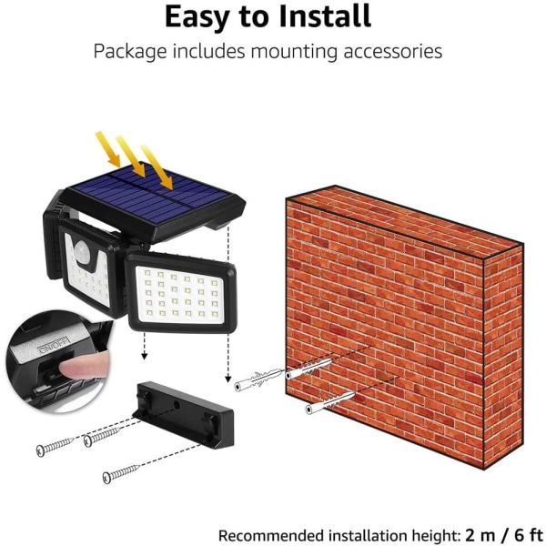 Solcellslampor för vägg med rörelsesensor, IP65 vattentät 3 huvuden säkerhet, 74 LED strålkastare rörelsedetekterad strålkastare för garage, trädgård, uteplats