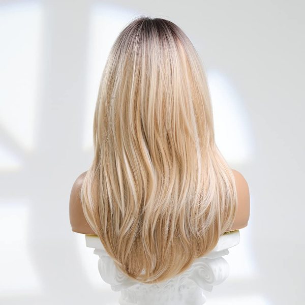 Blond parykk for kvinner, langt naturlig syntetisk hår, kvinner, varmebestandig fiber, lys gyllen parykk, 22 tommer